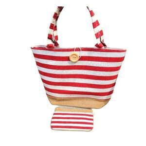 Red Striped Large Canvas Beach Bag Set